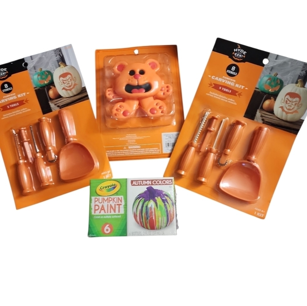 2 Pumpkin Carving Kits, 1 Push In Kit, and A 6pc Crayola Pumpkin Paint Set